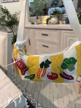 Beaded Vegetable Motif Mini Shoulder Bag in Yellow and White